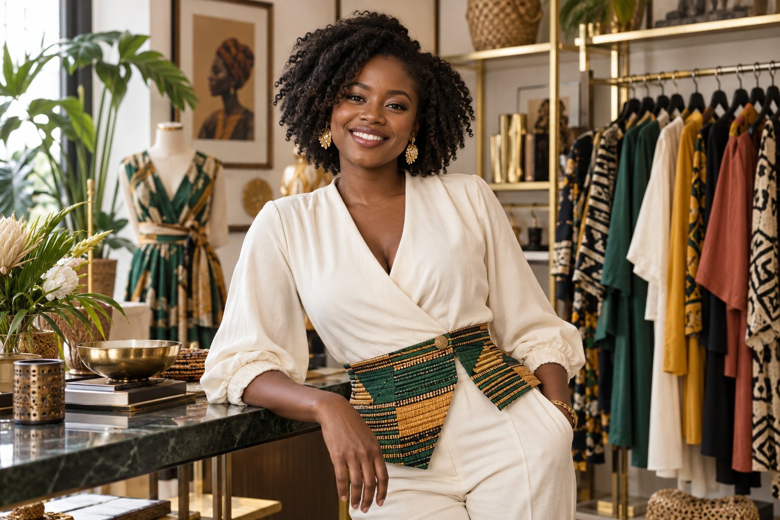 Illustrative portrait of a Black woman entrepreneur in a fashion boutique